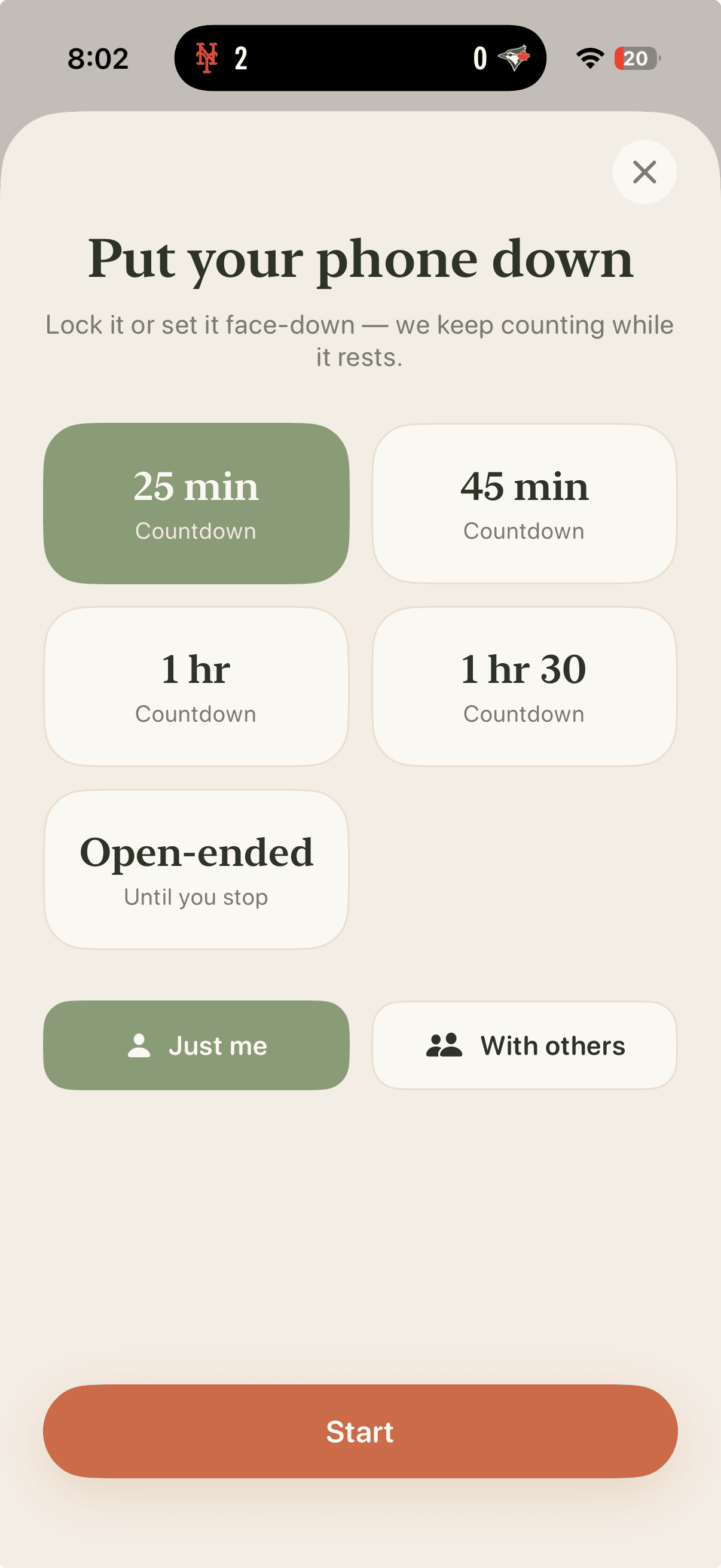 Phones Down session setup — pick a countdown or open-ended, solo or with others