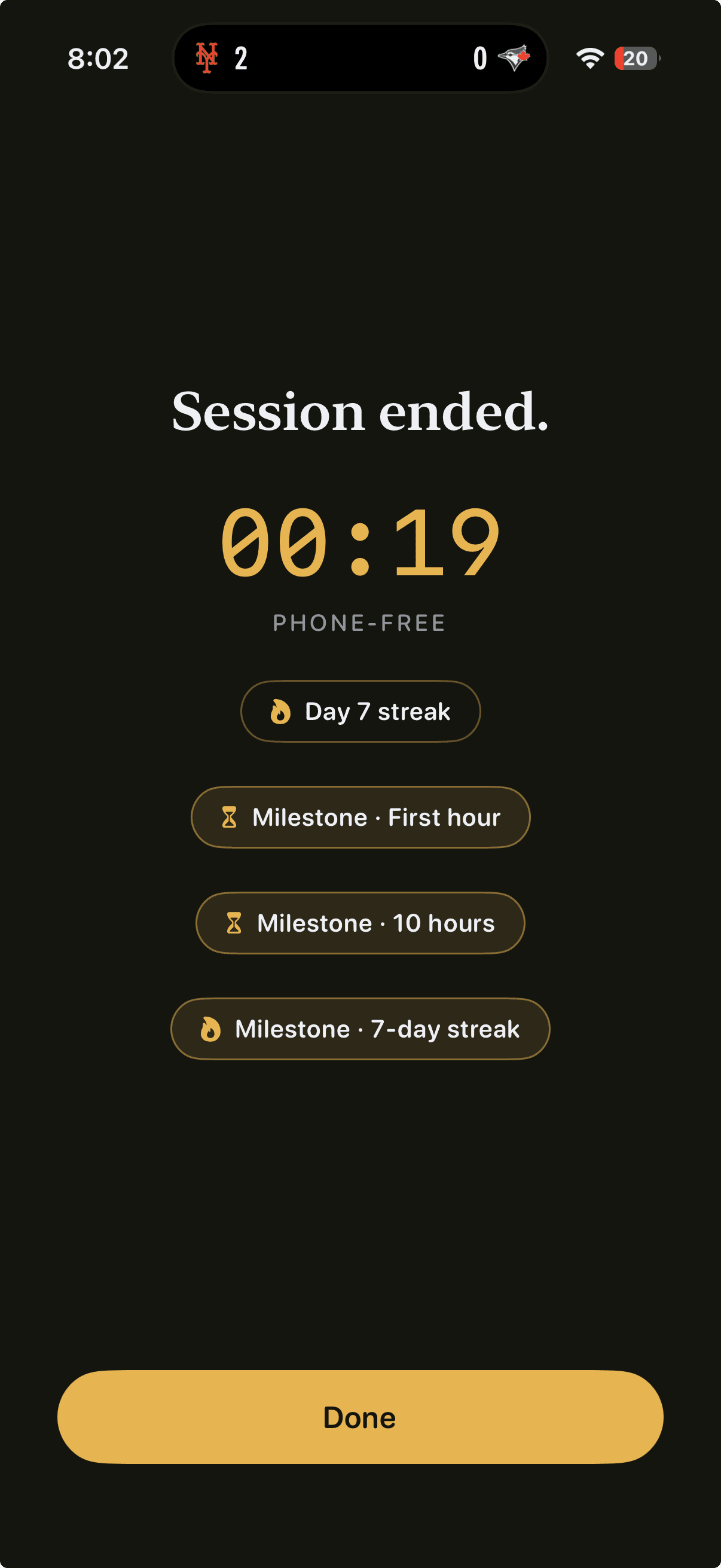 Phones Down session summary — 19 minutes phone-free with a 7-day streak and milestones